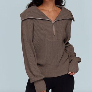 Amazon Lillusory Crew Neck Zip Up Sweater, 100% Cotton, Brown Nutmeg, Size Small